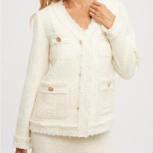 Bluivy Tweed Sparkle French Chic Gold Button Down Long Sleeve Frayed Blazer